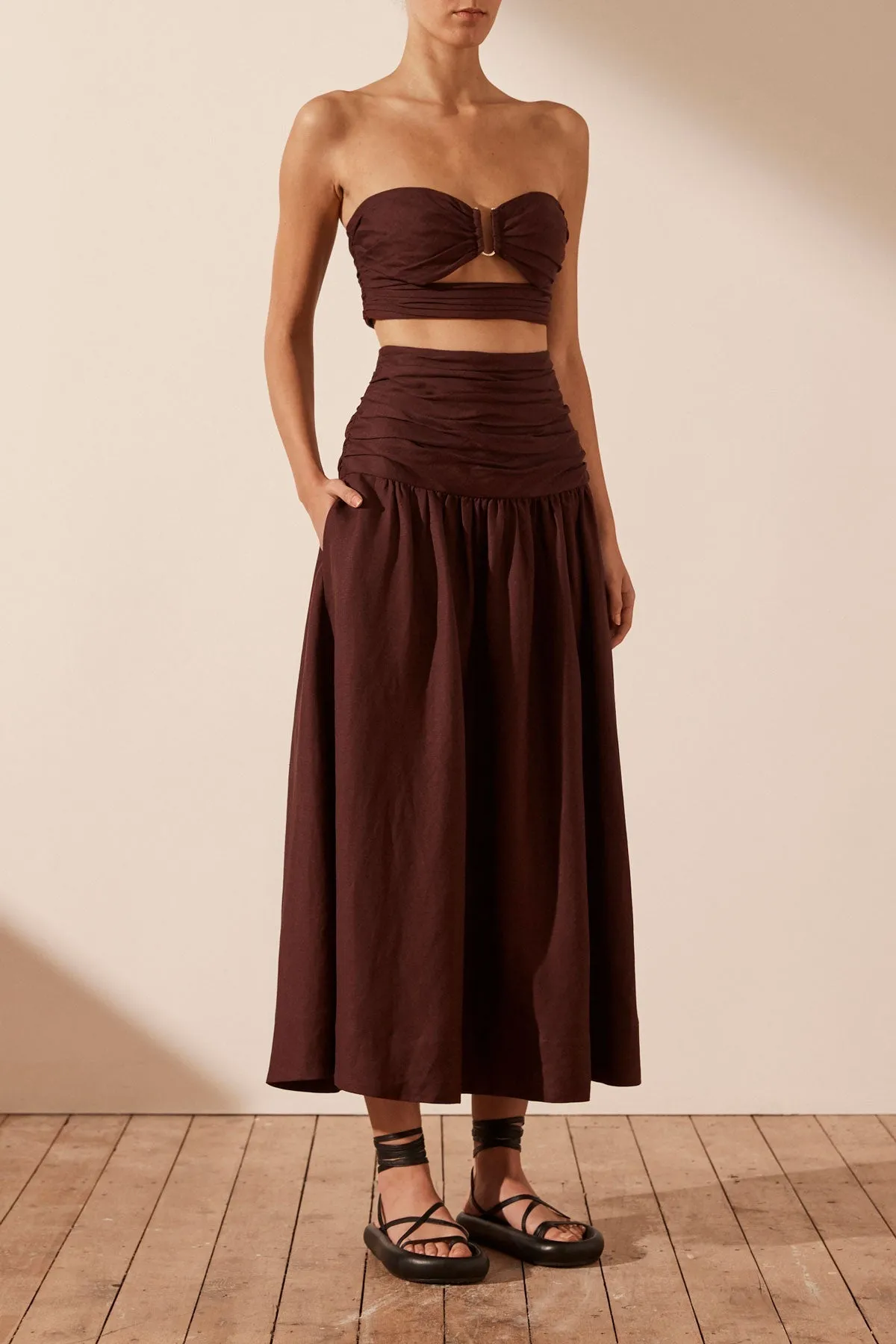 CEZANNE LINEN RUCHED MIDI SKIRT - COCOA