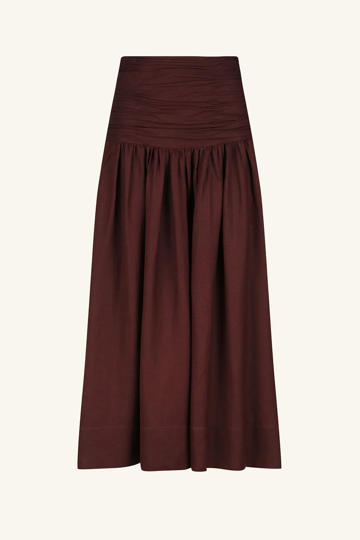 CEZANNE LINEN RUCHED MIDI SKIRT - COCOA