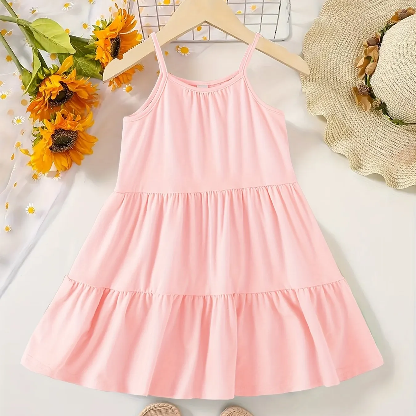 Chic & Playful Summer Essential: Girls' Solid Color Sleeveless Dress - Comfortable, Stretchable Fabric with Flared Hem for Daily Fun