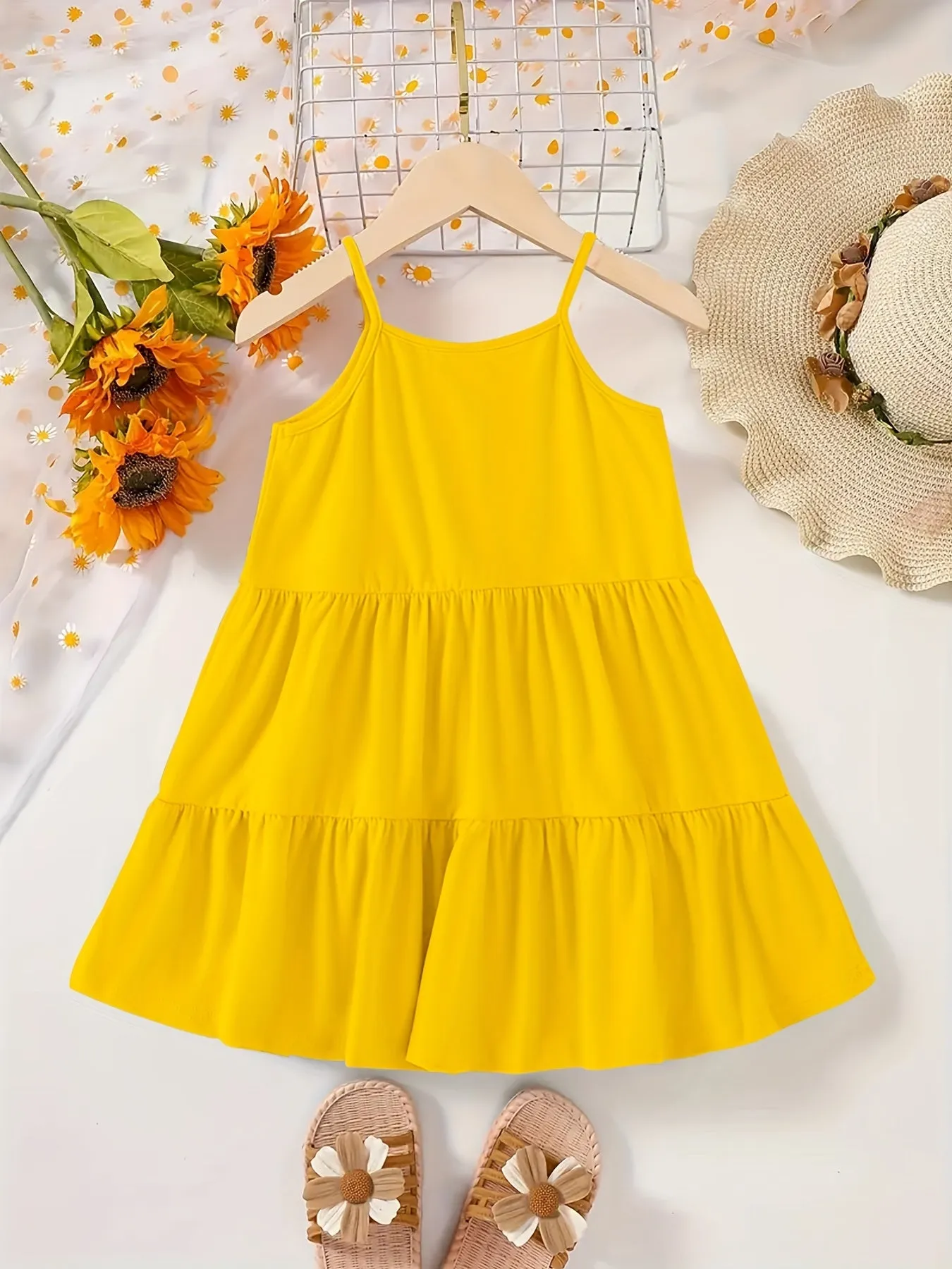 Chic & Playful Summer Essential: Girls' Solid Color Sleeveless Dress - Comfortable, Stretchable Fabric with Flared Hem for Daily Fun