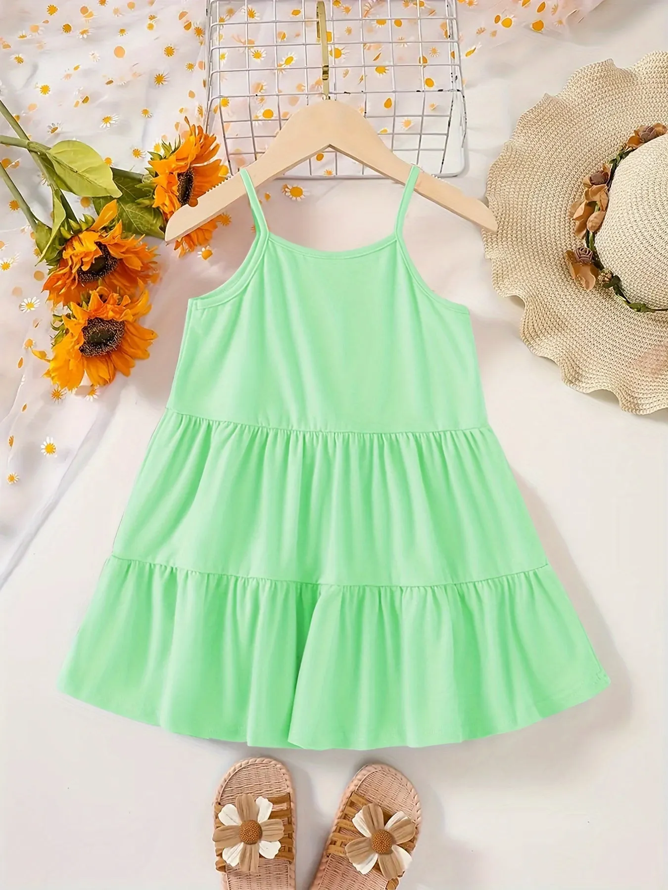 Chic & Playful Summer Essential: Girls' Solid Color Sleeveless Dress - Comfortable, Stretchable Fabric with Flared Hem for Daily Fun