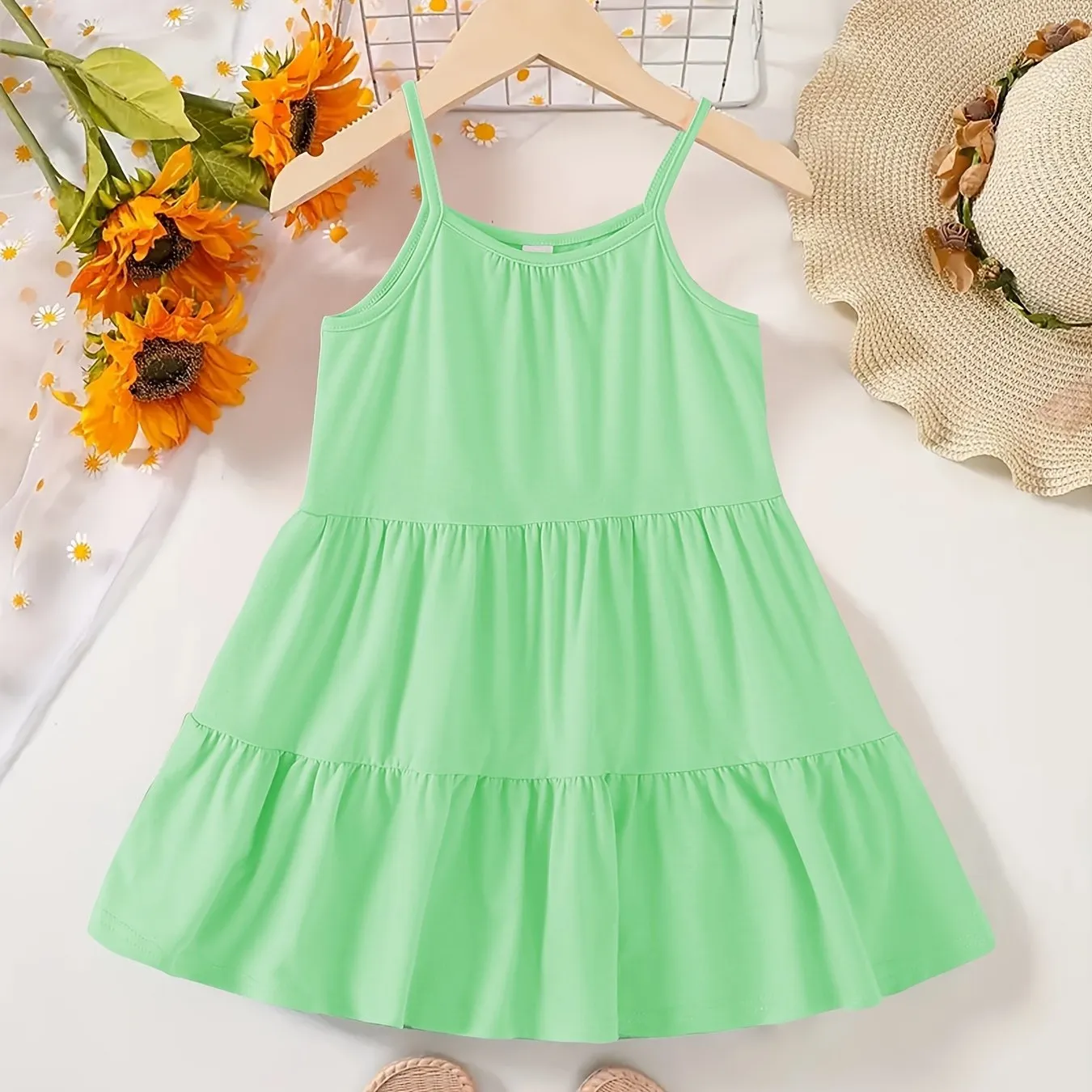 Chic & Playful Summer Essential: Girls' Solid Color Sleeveless Dress - Comfortable, Stretchable Fabric with Flared Hem for Daily Fun