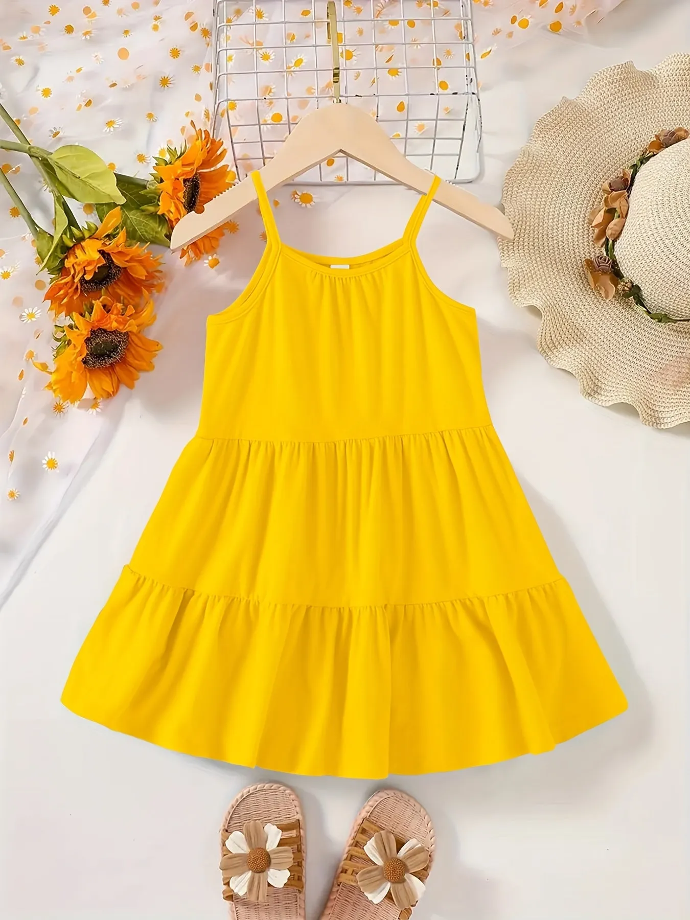 Chic & Playful Summer Essential: Girls' Solid Color Sleeveless Dress - Comfortable, Stretchable Fabric with Flared Hem for Daily Fun