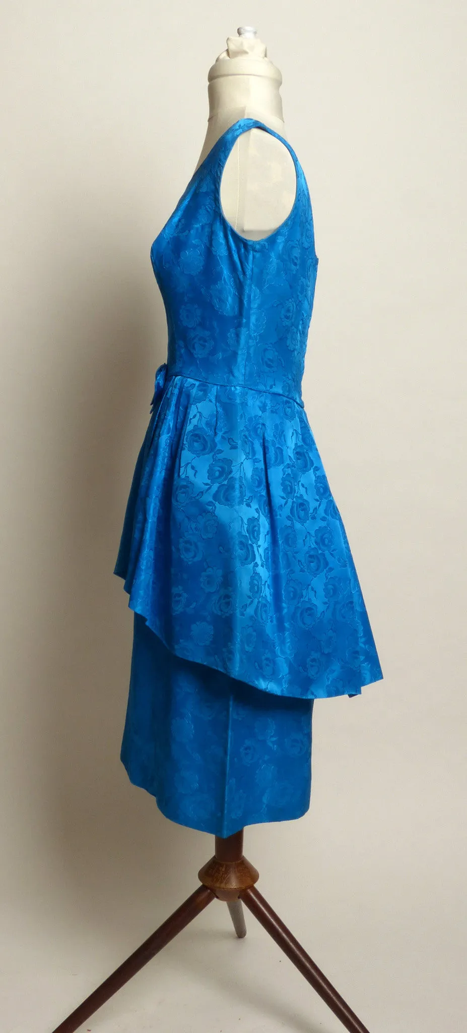 Circa 1950s Blue Floral Satin Peplum-Style Dress