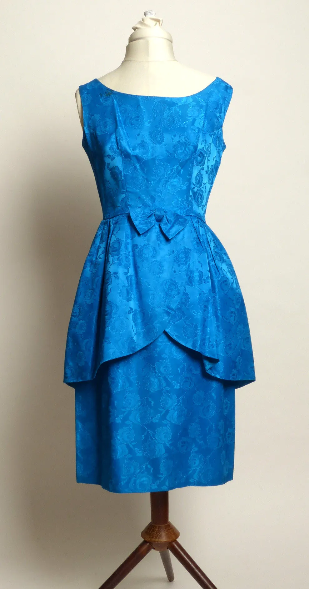 Circa 1950s Blue Floral Satin Peplum-Style Dress