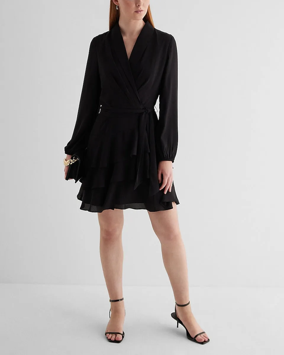 Collared Long Sleeve Tie Waist Tiered Mini Dress in Pitch Black