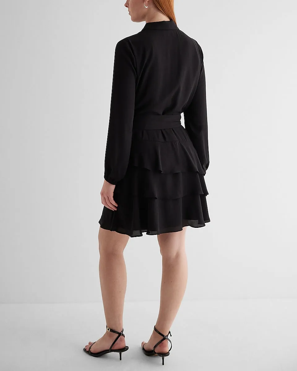 Collared Long Sleeve Tie Waist Tiered Mini Dress in Pitch Black