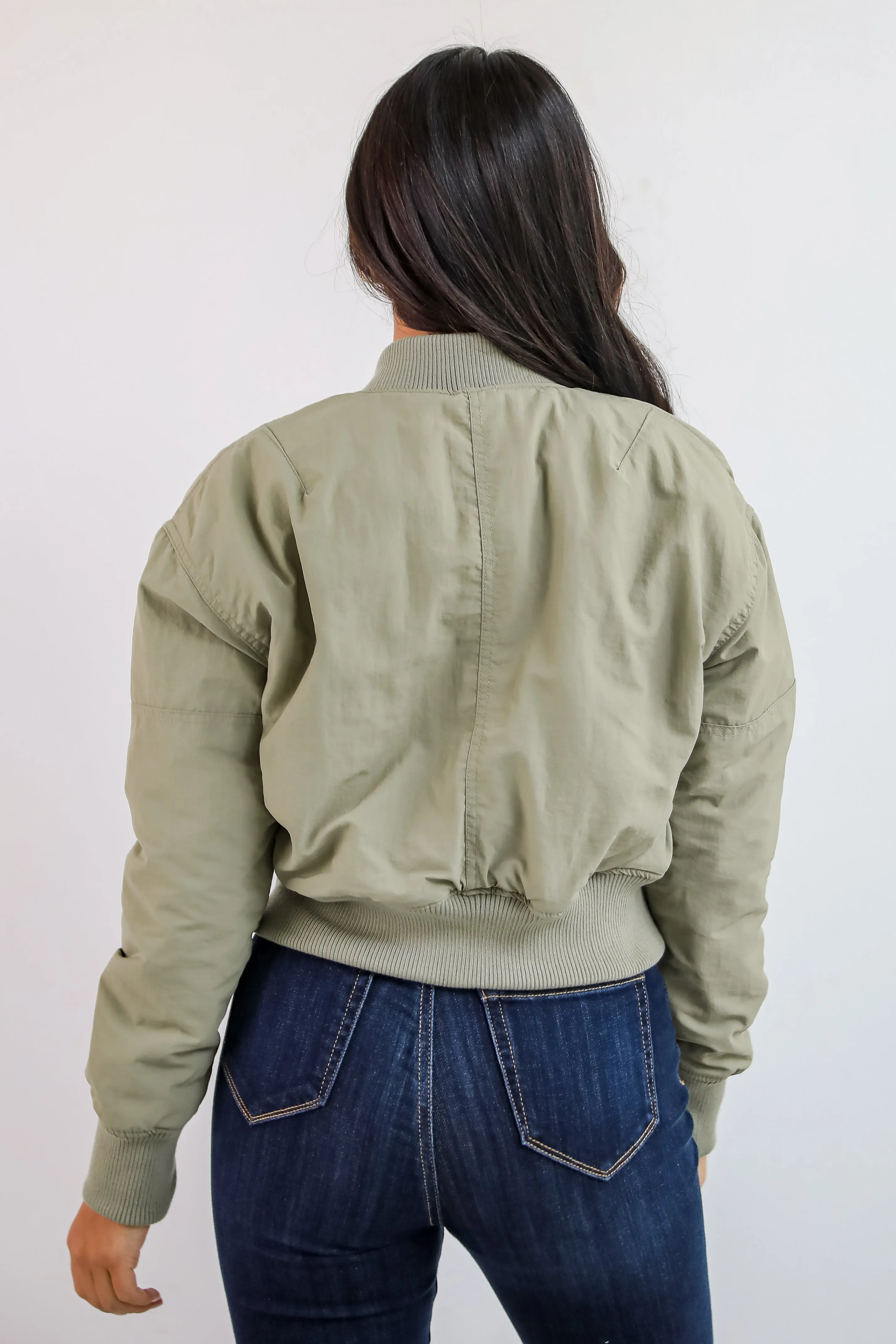 Cool Impulse Light Olive Cropped Bomber Jacket