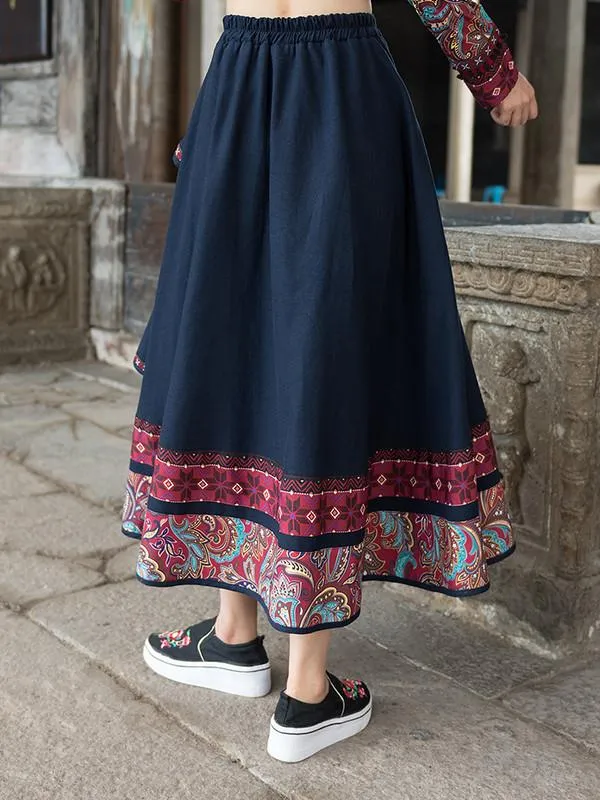 Cotton and Linen Embroidery Ethnic Style High Waist Patchwork Vintage Midi Skirts