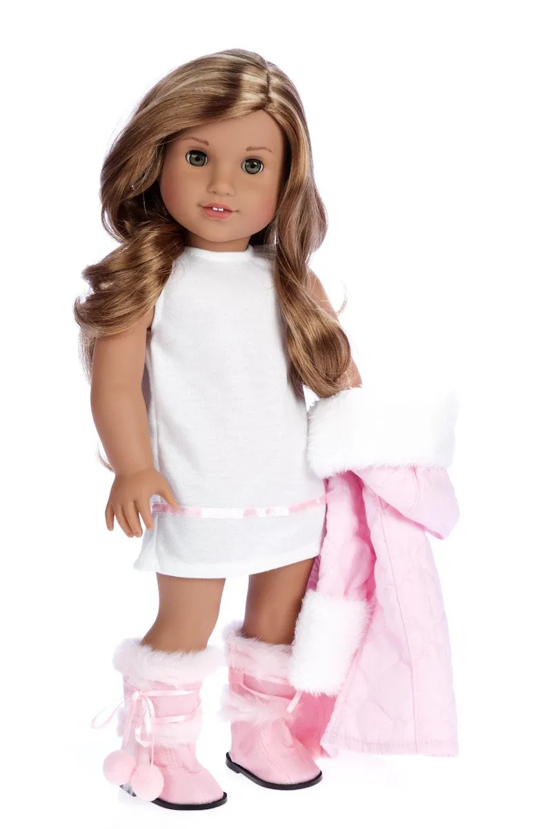 Cotton Candy - Clothes for 18 inch Doll - Pink Parka with Hood, Short Ivory Dress and Pink Boots