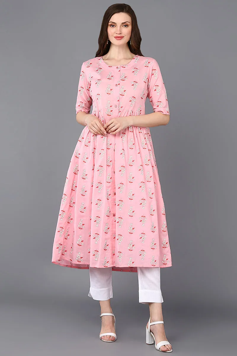 Cotton Pink Printed Flared Kurta