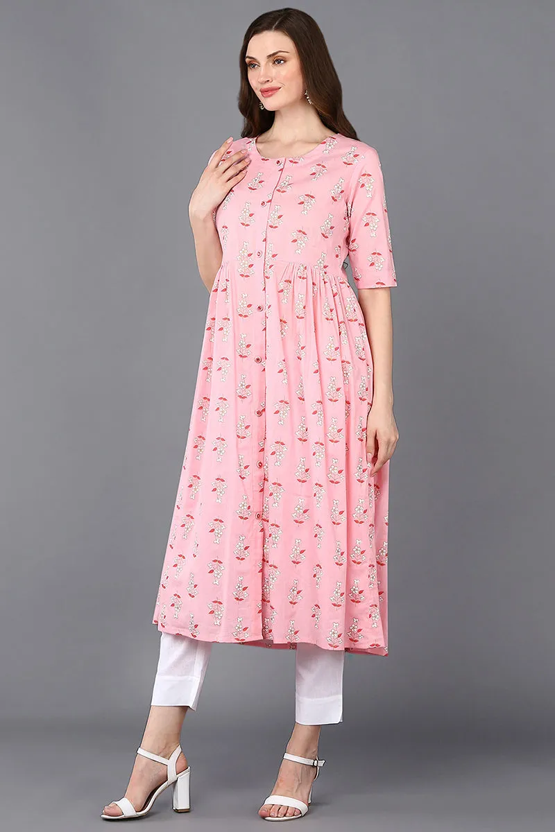 Cotton Pink Printed Flared Kurta