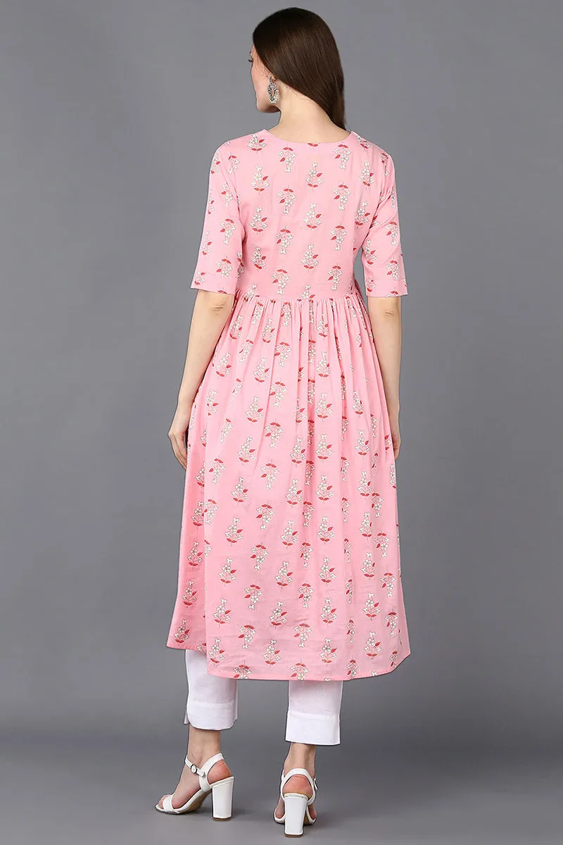 Cotton Pink Printed Flared Kurta