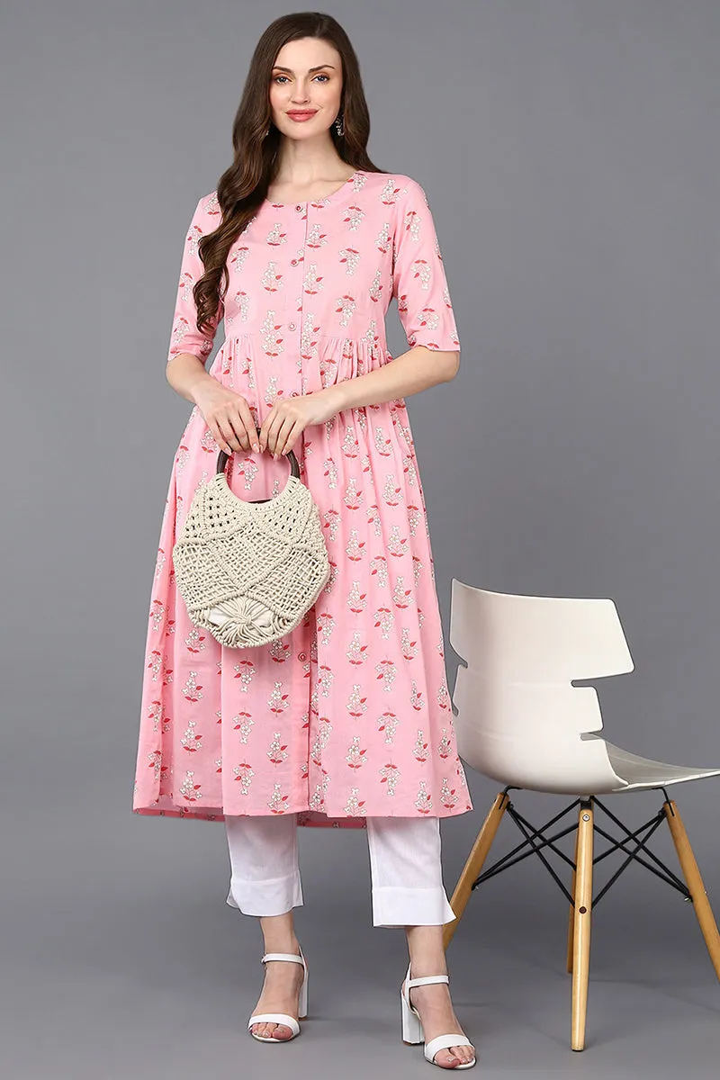 Cotton Pink Printed Flared Kurta