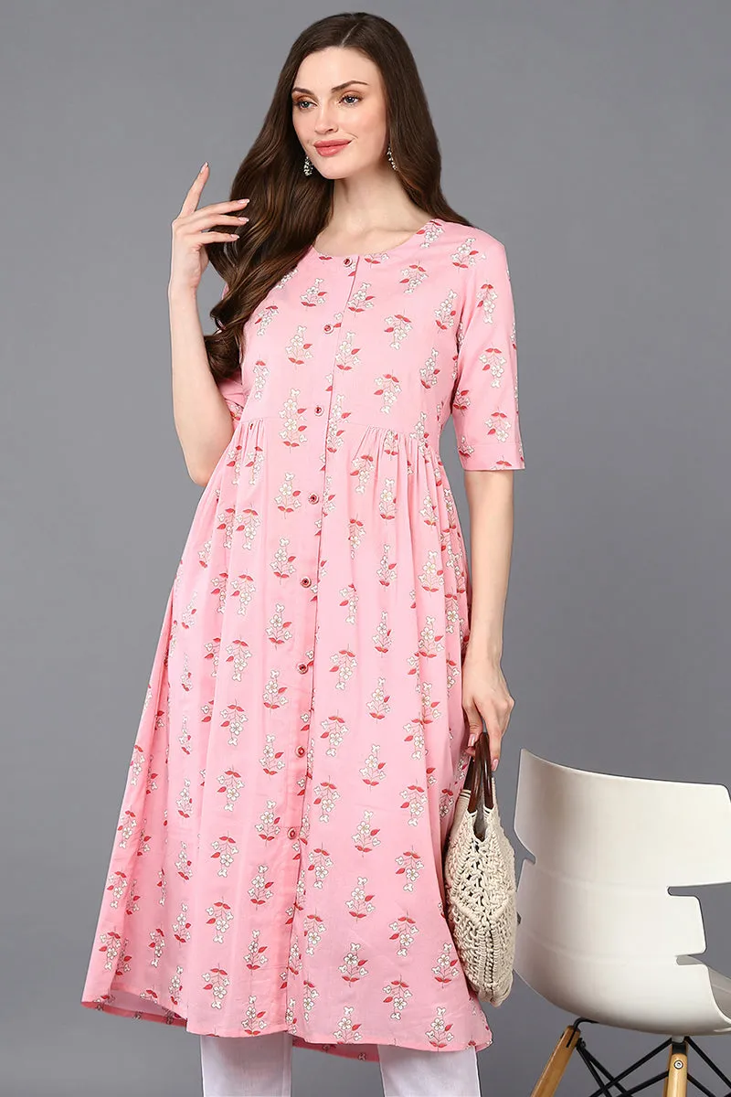 Cotton Pink Printed Flared Kurta