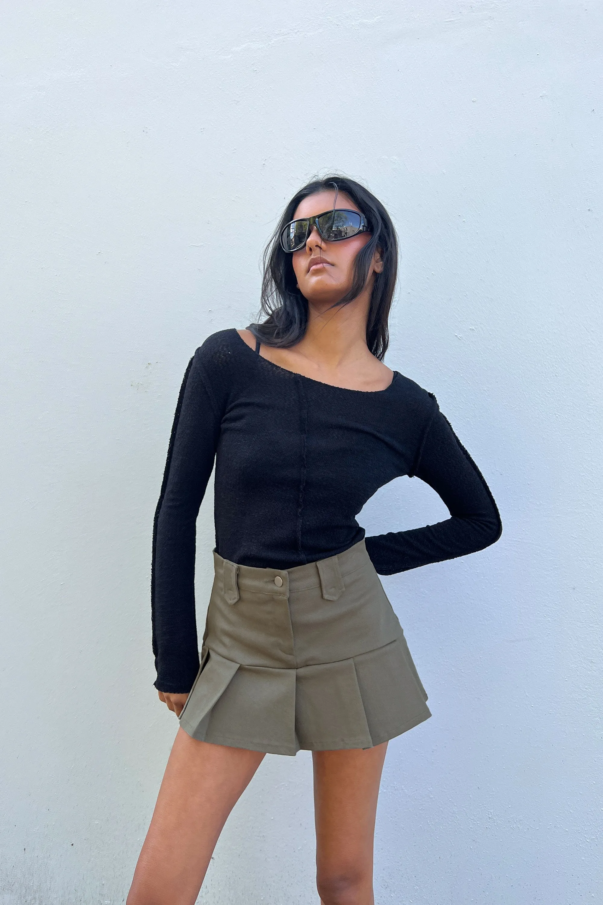 COTTON TWILL PLEATED MINI SKIRT