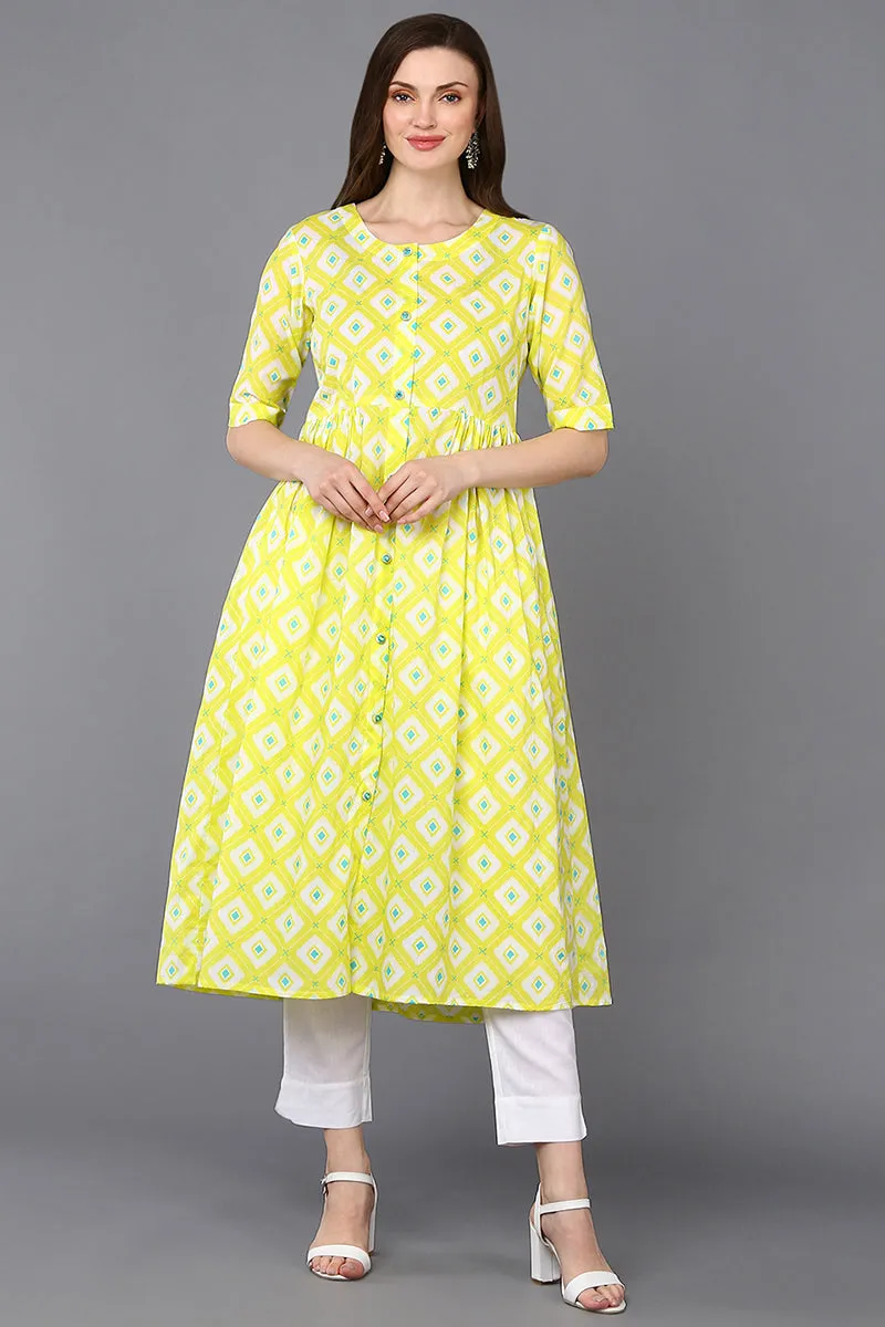 Cotton Yellow Printed Flared Kurta