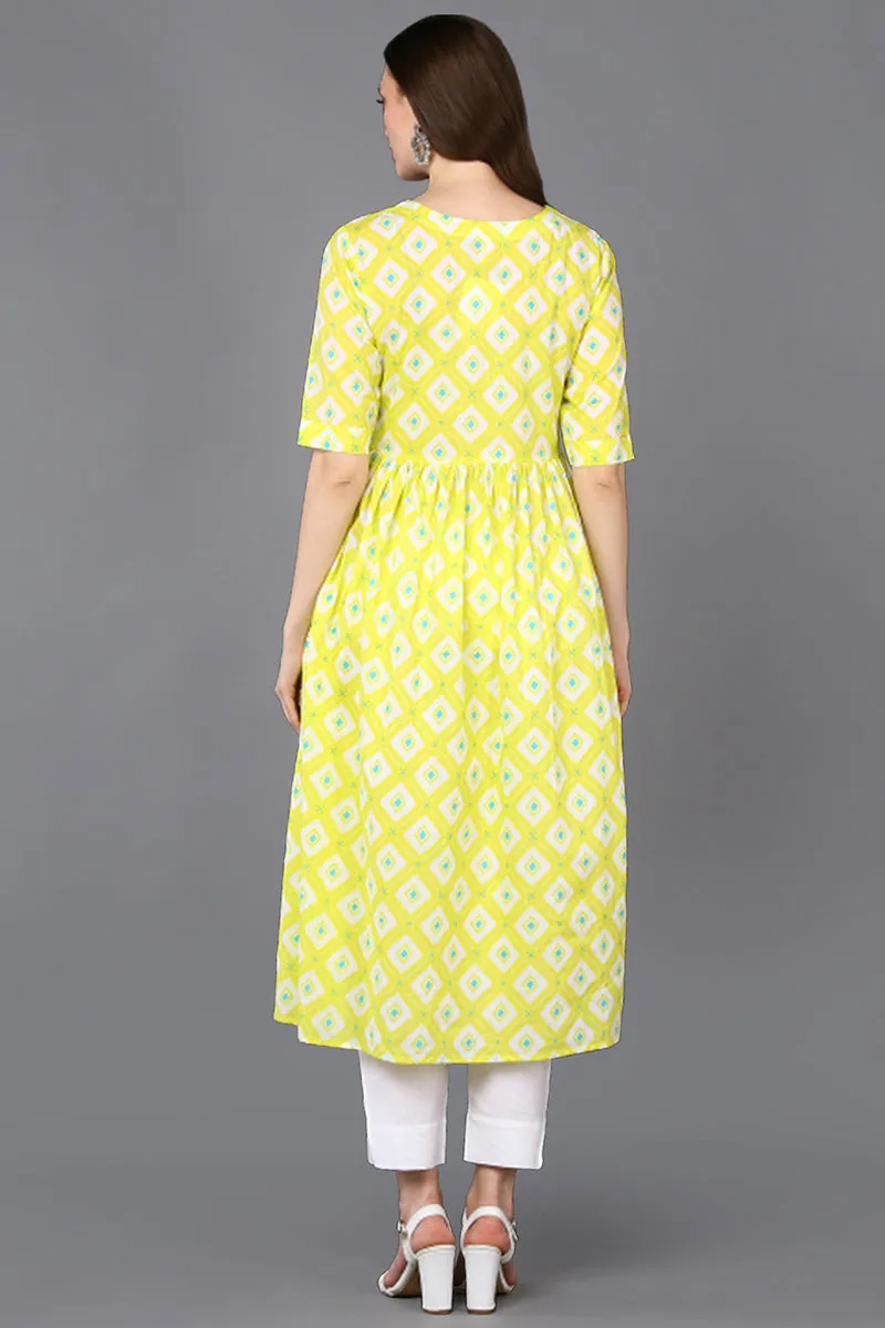 Cotton Yellow Printed Flared Kurta