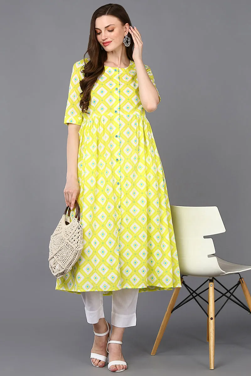 Cotton Yellow Printed Flared Kurta