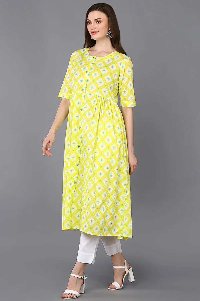 Cotton Yellow Printed Flared Kurta