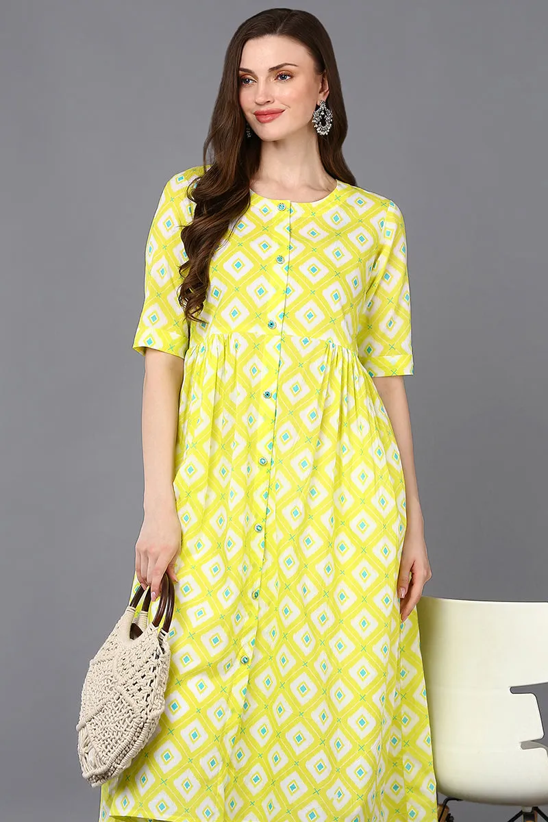 Cotton Yellow Printed Flared Kurta