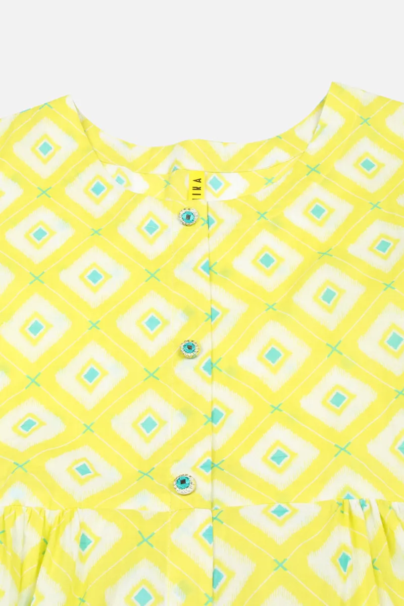 Cotton Yellow Printed Flared Kurta