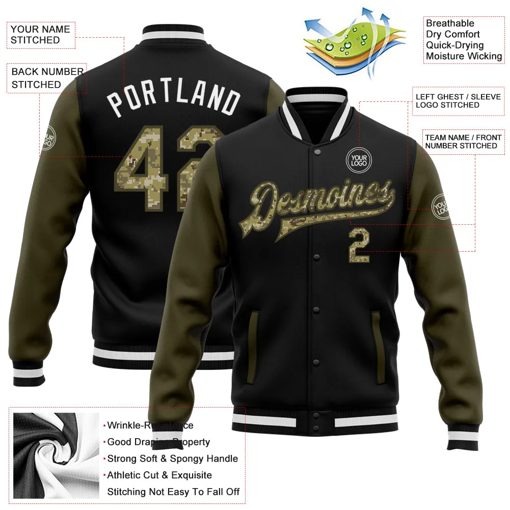 Custom Black Camo-Olive Bomber Full-Snap Varsity Letterman Two Tone Jacket