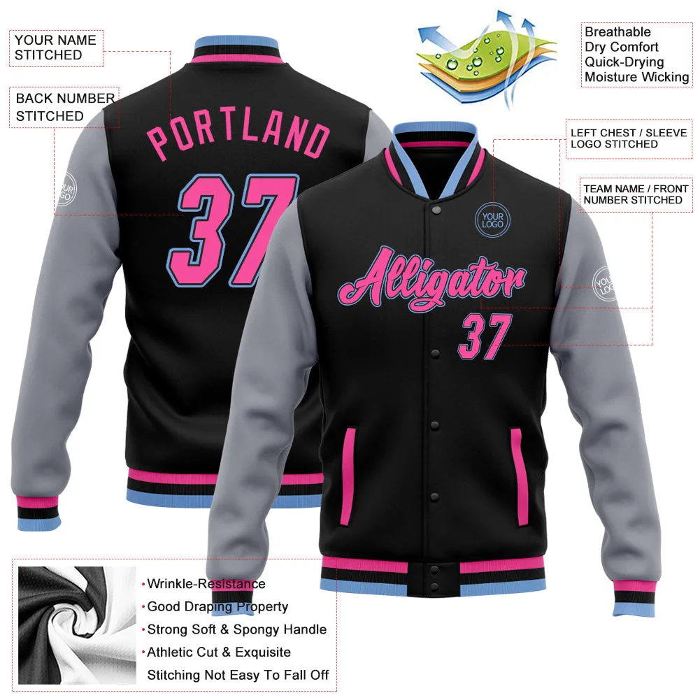 Custom Black Pink Gray-Light Blue Bomber Full-Snap Varsity Letterman Two Tone Jacket