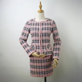 Custom Made Checked Pattern Tweed Skirt Suit Pink for Women