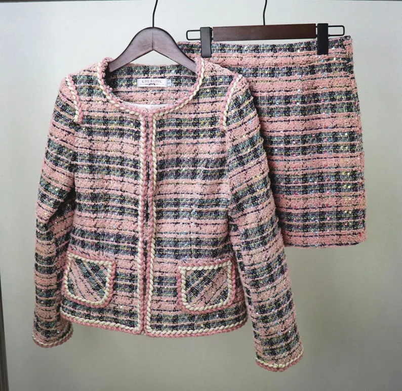 Custom Made Checked Pattern Tweed Skirt Suit Pink for Women