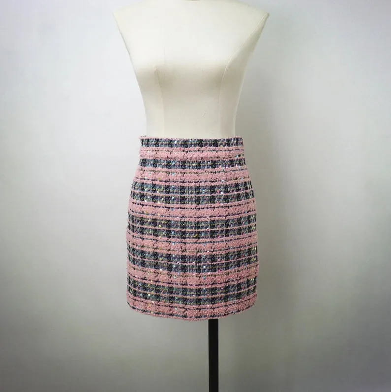 Custom Made Checked Pattern Tweed Skirt Suit Pink for Women