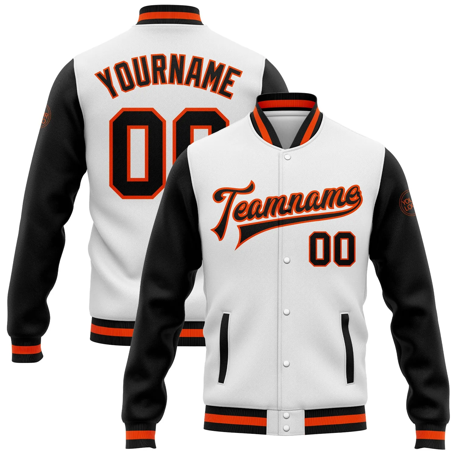 Custom White Black-Orange Bomber Full-Snap Varsity Letterman Two Tone Jacket