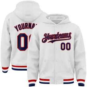 Custom White Navy-Red Bomber Full-Snap Varsity Letterman Hoodie Jacket