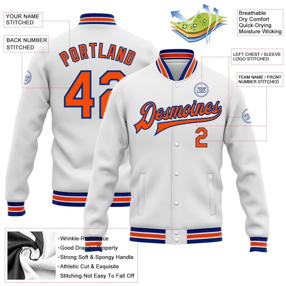 Custom White Orange-Royal Bomber Full-Snap Varsity Letterman Jacket