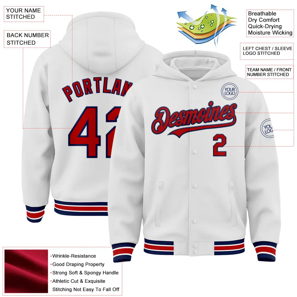 Custom White Red-Navy Bomber Full-Snap Varsity Letterman Hoodie Jacket