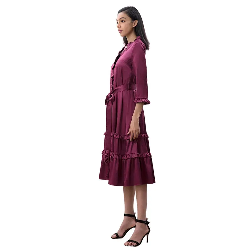 D083-2 Women solid satin three quarters sleeves ruffle detailing tiered midi wrap dress