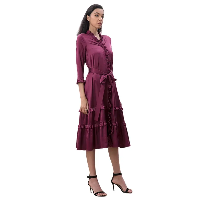 D083-2 Women solid satin three quarters sleeves ruffle detailing tiered midi wrap dress