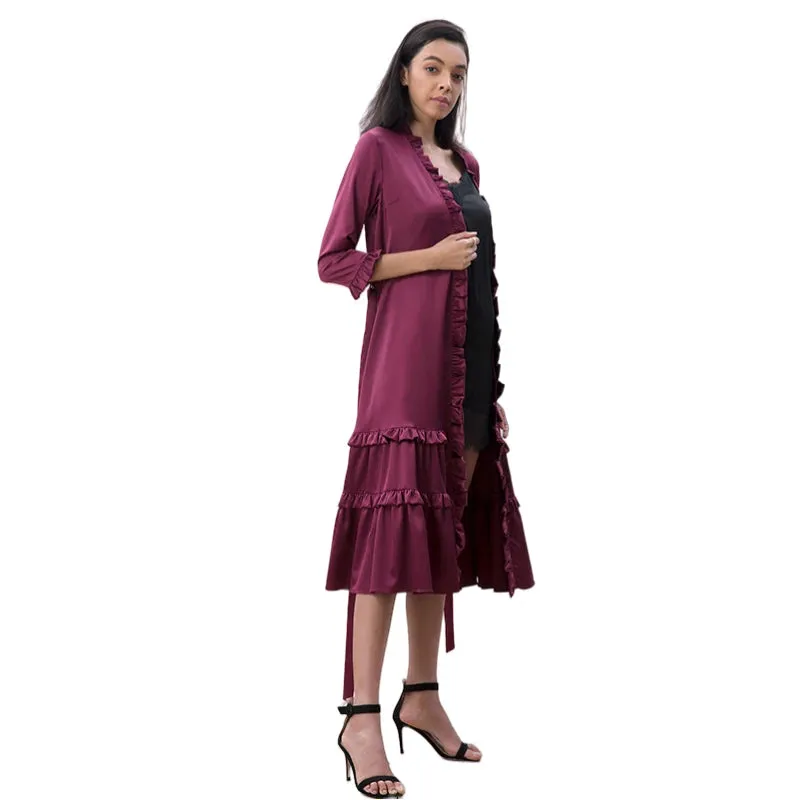 D083-2 Women solid satin three quarters sleeves ruffle detailing tiered midi wrap dress