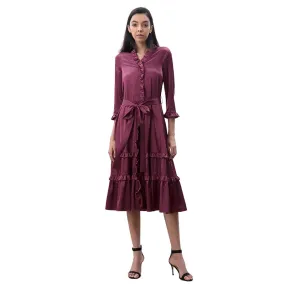 D083-2 Women solid satin three quarters sleeves ruffle detailing tiered midi wrap dress