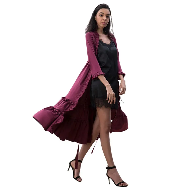 D083-2 Women solid satin three quarters sleeves ruffle detailing tiered midi wrap dress