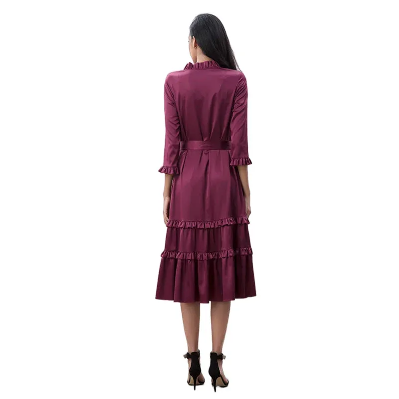 D083-2 Women solid satin three quarters sleeves ruffle detailing tiered midi wrap dress