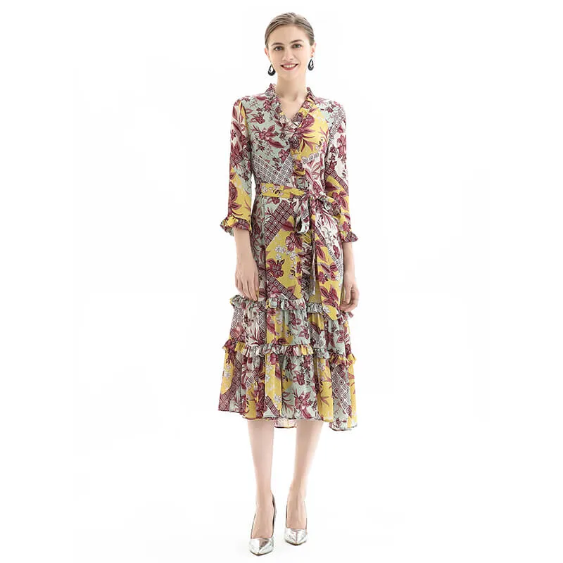 D083 Women floral print three-quarter sleeves ruffle detailing tiered midi wrap dress