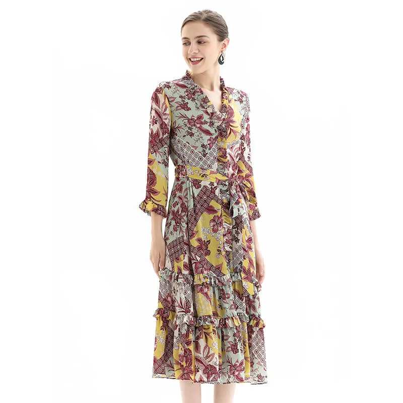 D083 Women floral print three-quarter sleeves ruffle detailing tiered midi wrap dress