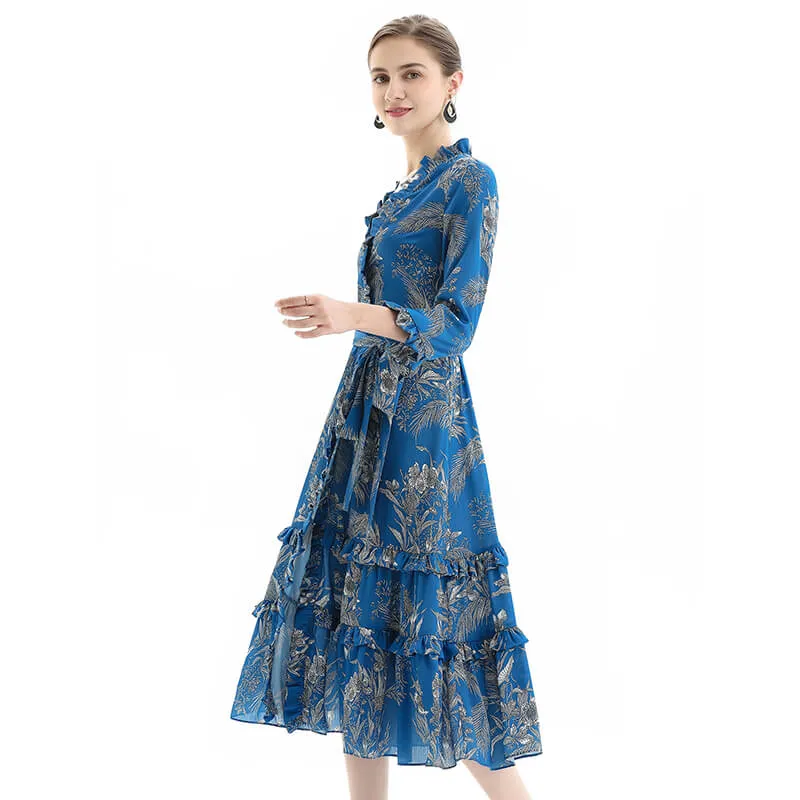 D083 Women floral print three-quarter sleeves ruffle detailing tiered midi wrap dress