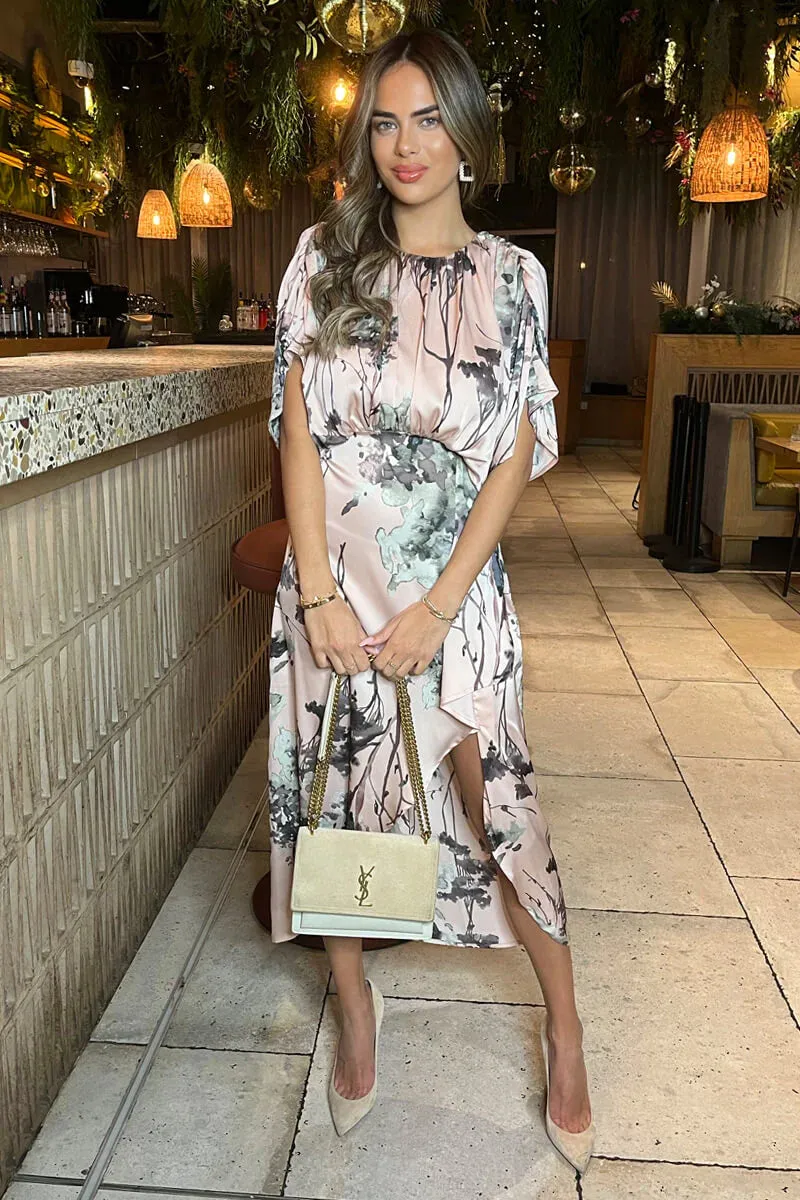 Della dusty pink printed batwing wrap midi dress