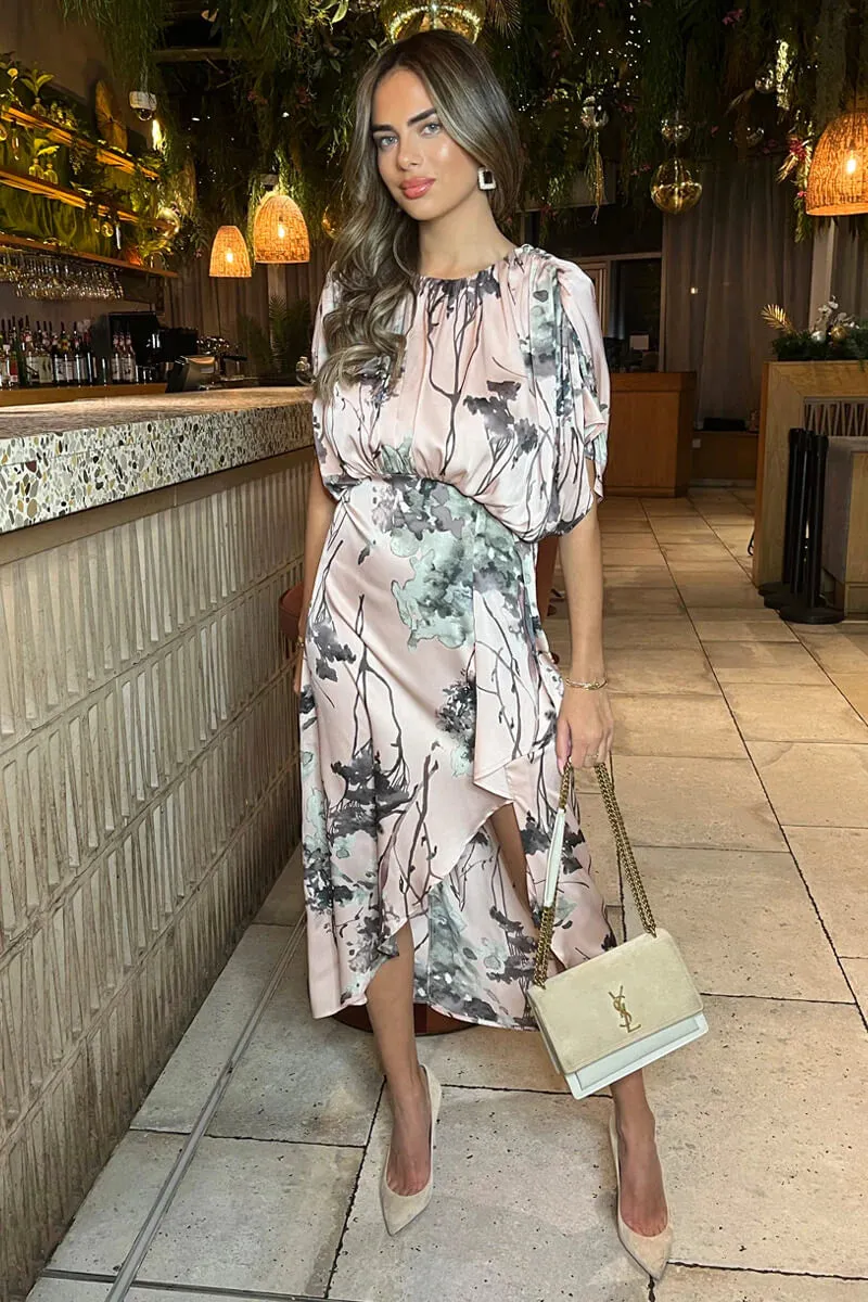 Della dusty pink printed batwing wrap midi dress