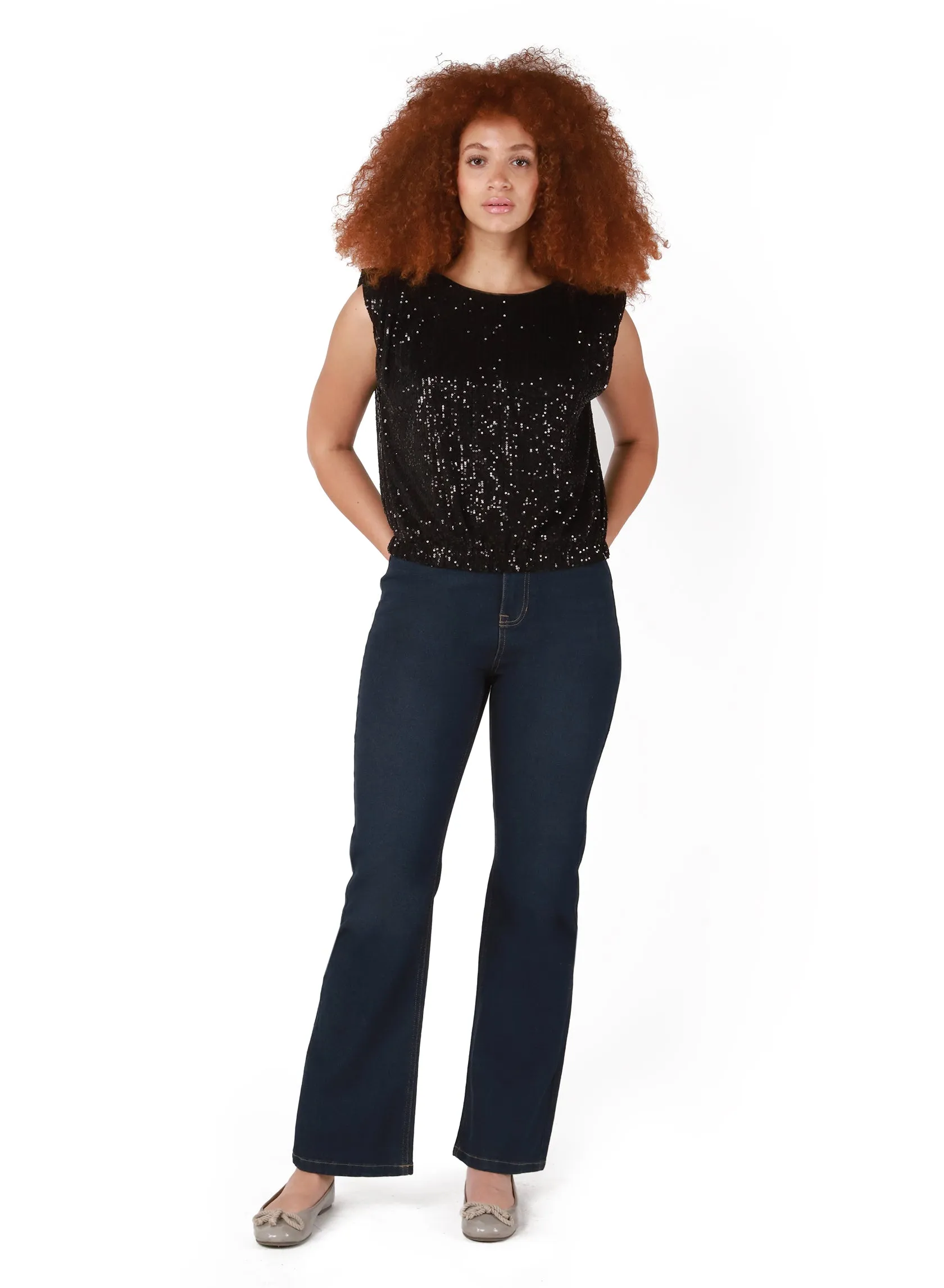 Dex Gianna Sequin Shoulder Pad Top