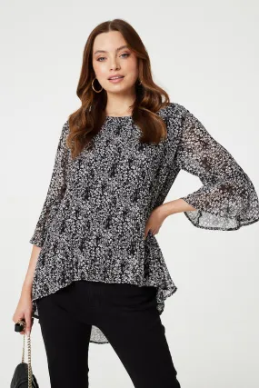 Ditsy Floral Flare Sleeve Curve Hem Blouse