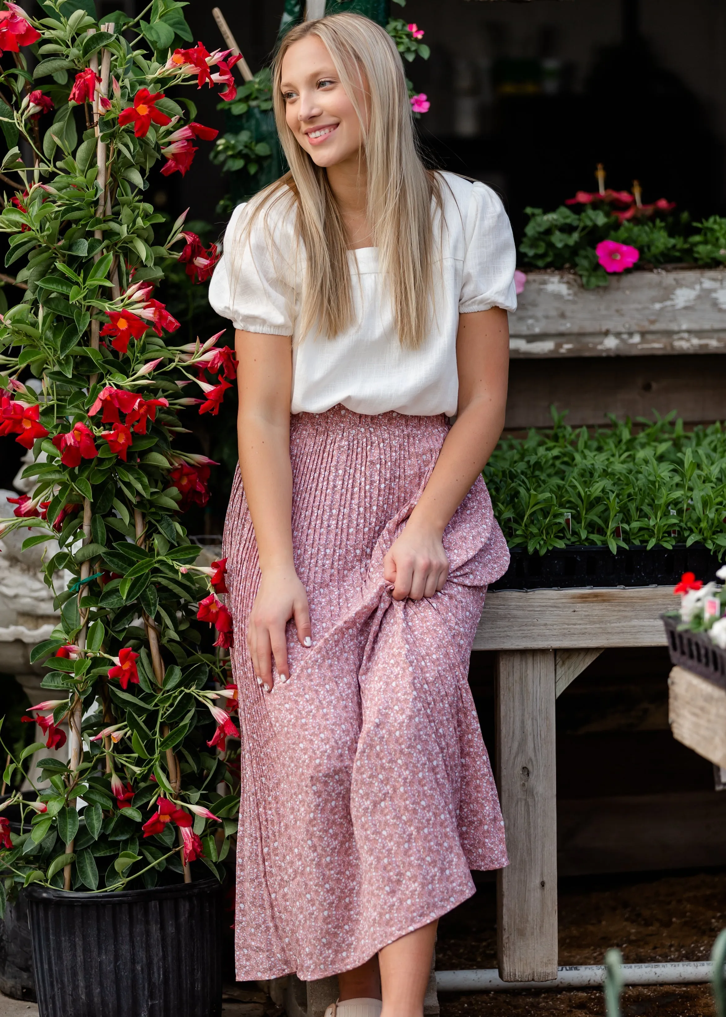 Ditsy Print Pleated Midi Skirt