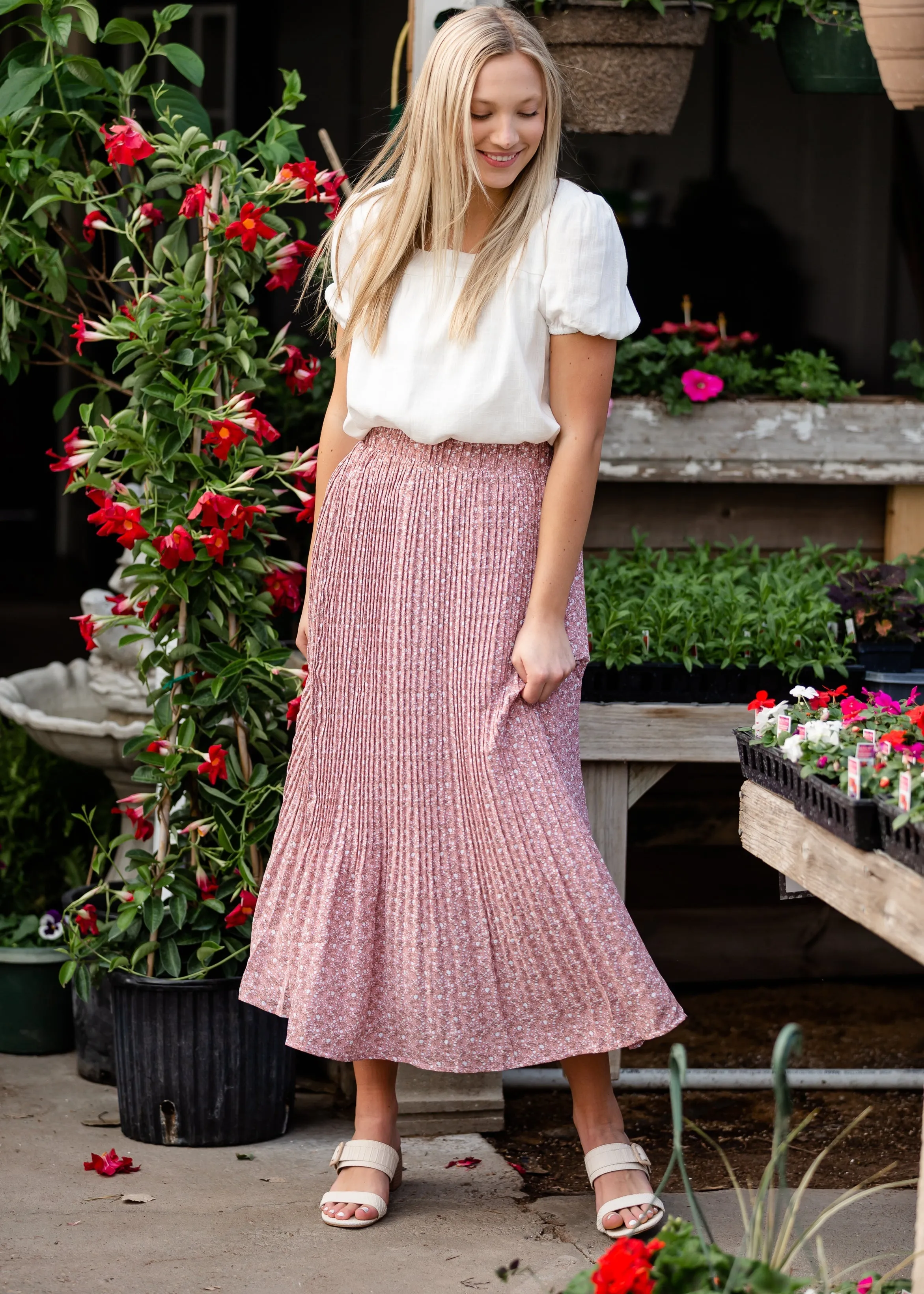 Ditsy Print Pleated Midi Skirt